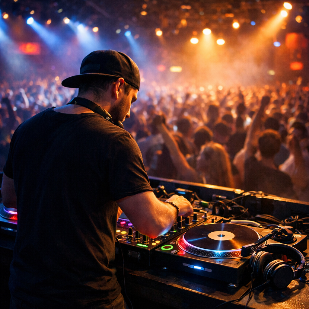 DJ performing live in a crowded club with turntables and mixer