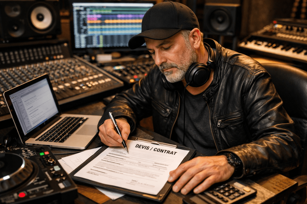 Man in leather jacket signing a music contract in a recording studio