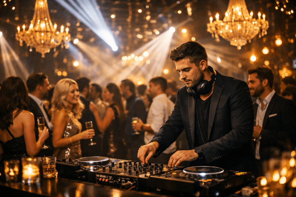 Man DJing at nightclub with people dancing and socializing in the background
