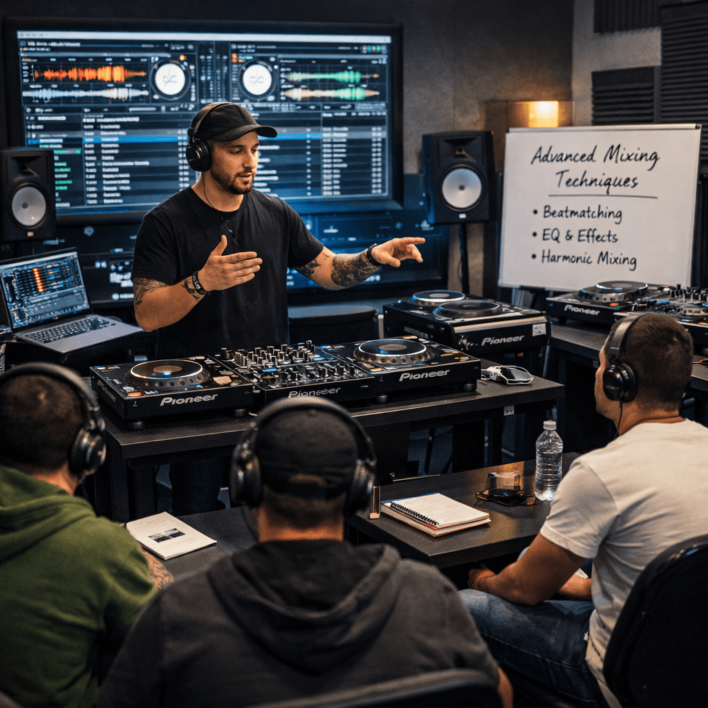 DJ instructor demonstrating mixing techniques to students using Pioneer DJ equipment in a studio