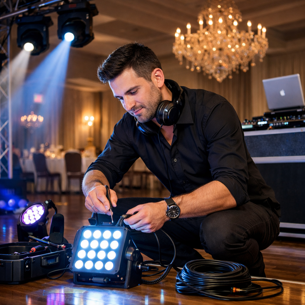 Lighting technician adjusting LED panel with headphones at event
